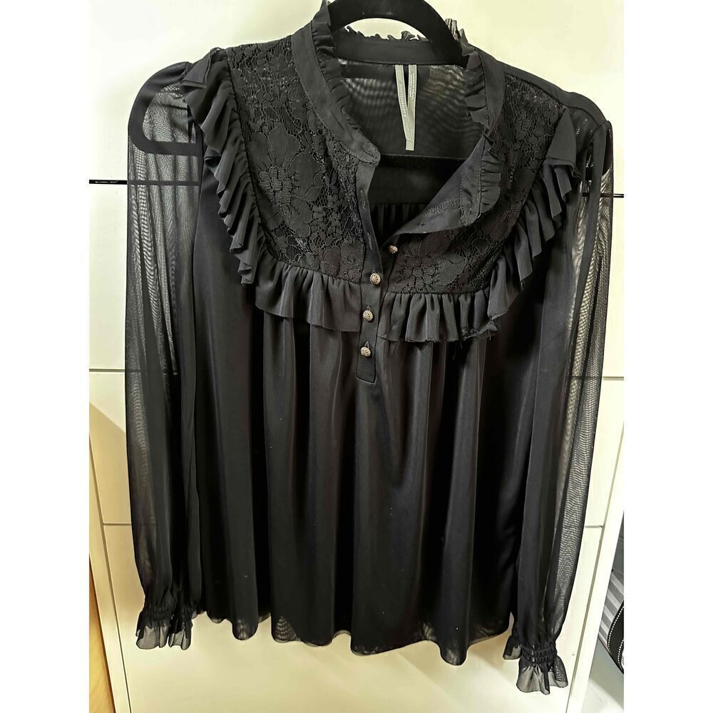 Anthropologie Womens Lace Trim Date Night Blouse Size Small Black Sheer Ruffle